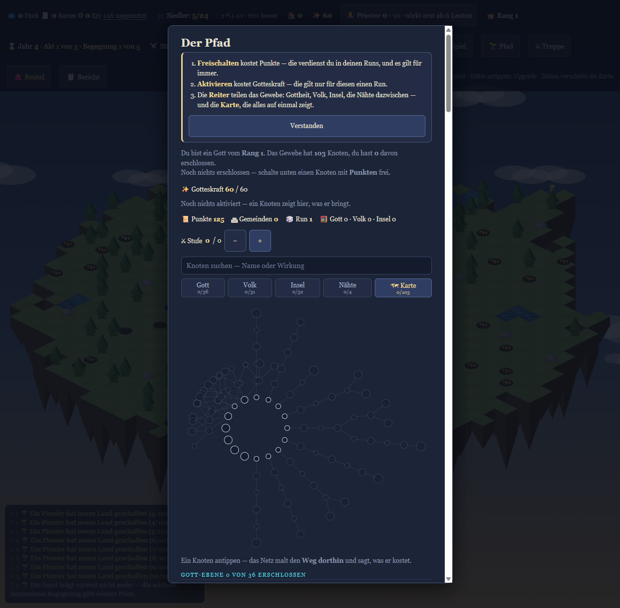 Prototyp-Screenshot: das Skill-Gewebe mit über hundert Knoten in drei Ringen für Gott, Volk und Insel