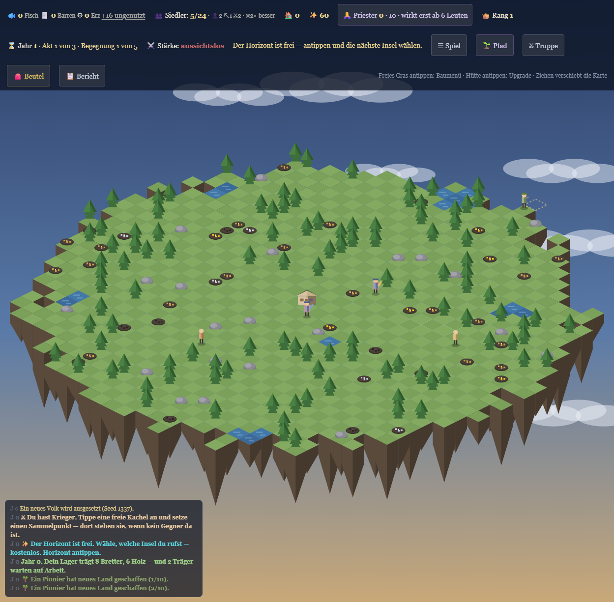 Prototyp-Screenshot: ein Volk siedelt auf einer fliegenden Insel, oben die Leiste mit Waren, Gotteskraft und Jahresanzeige